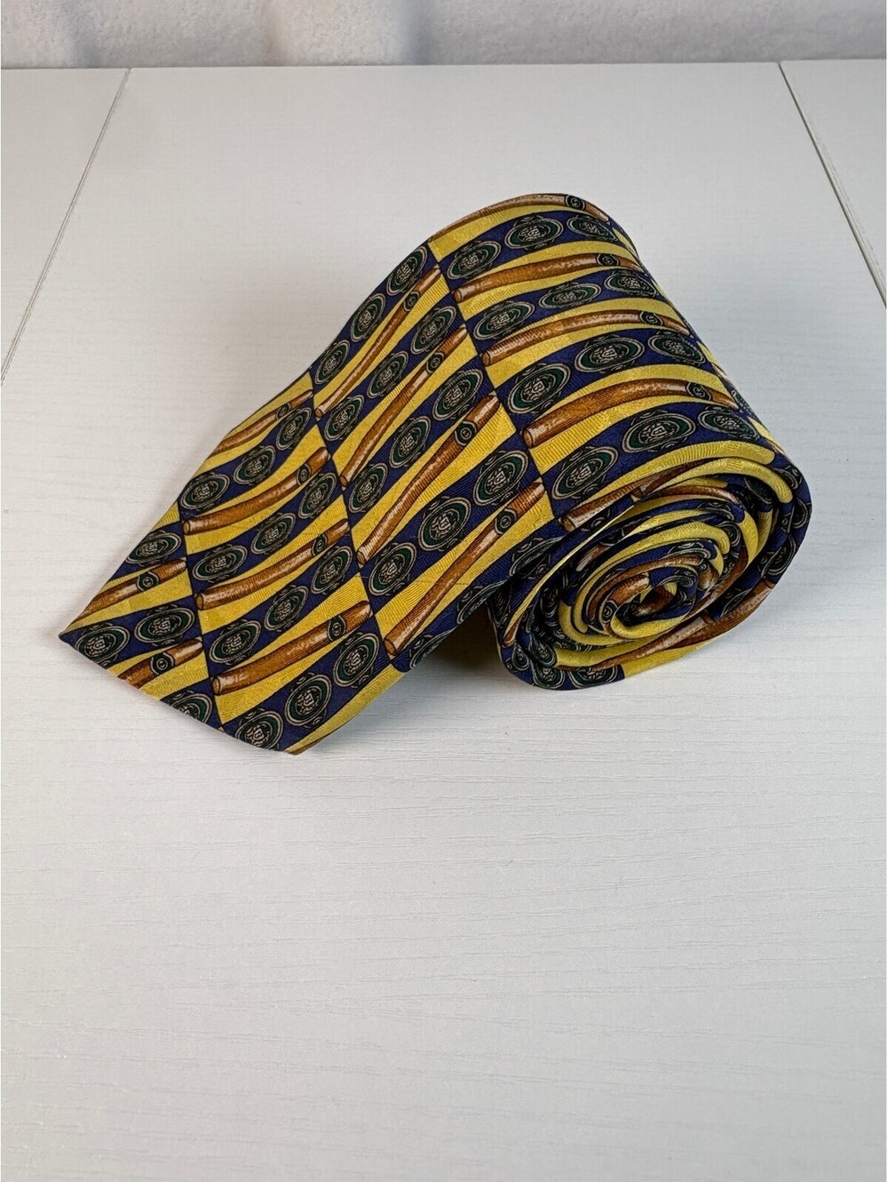 Tom James Men's Silk Necktie Yellow Navy Blue Cigars Bands Tobacco Patterned
